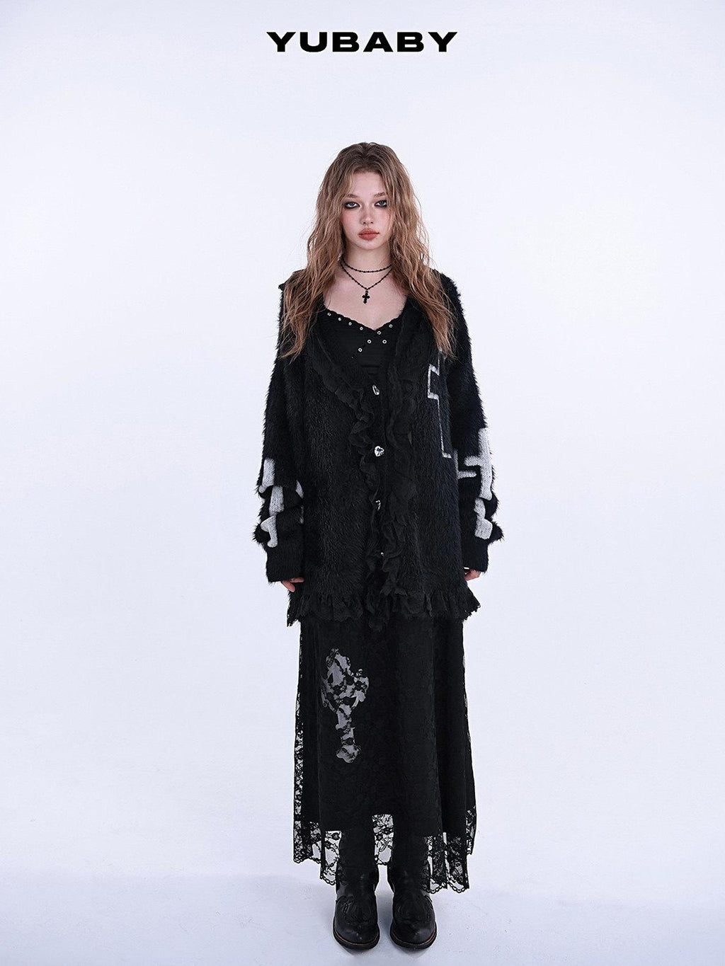 YUBABY Gothic Cross Handcrafted Lace Trim Women's Acrylic Blend Faux Mink Sweaters