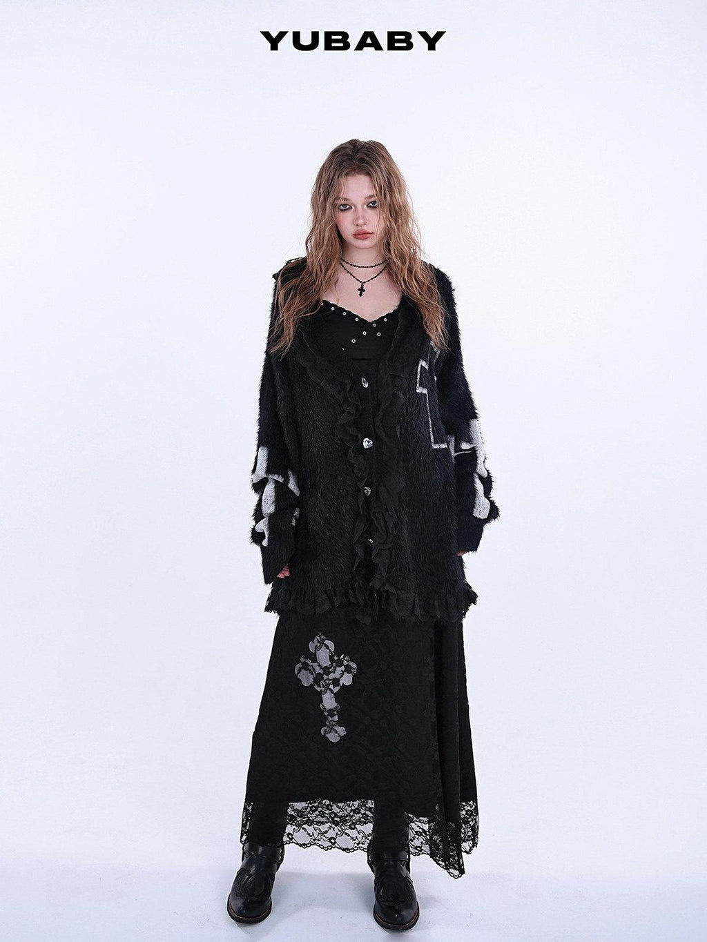 YUBABY Gothic Cross Handcrafted Lace Trim Women's Acrylic Blend Faux Mink Sweaters