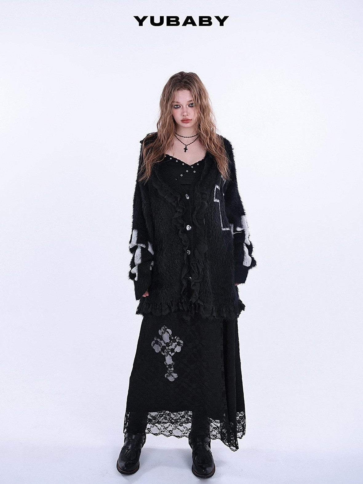 YUBABY Gothic Cross Handcrafted Lace Trim Women's Acrylic Blend Faux Mink Sweaters