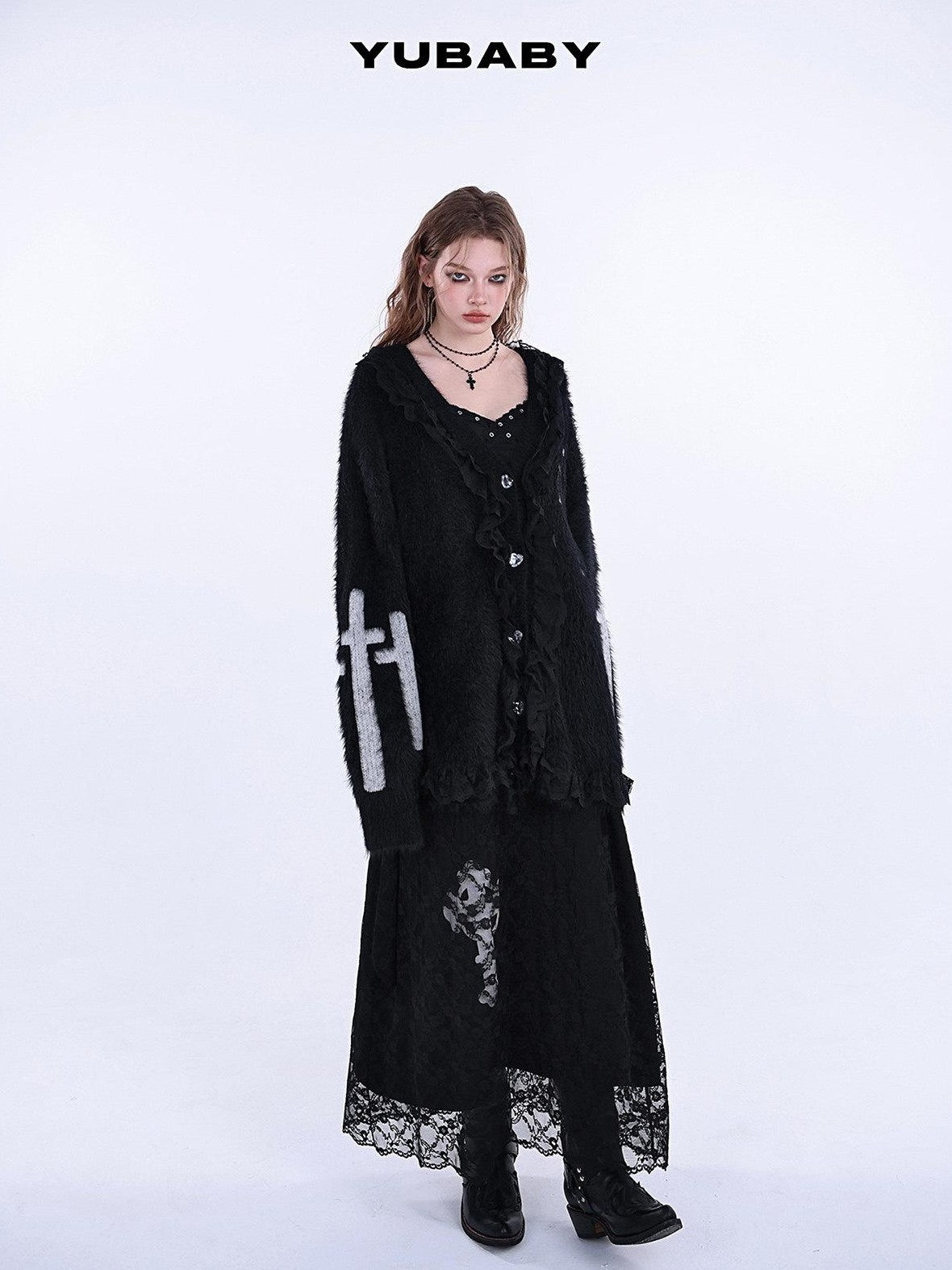 YUBABY Gothic Cross Handcrafted Lace Trim Women's Acrylic Blend Faux Mink Sweaters