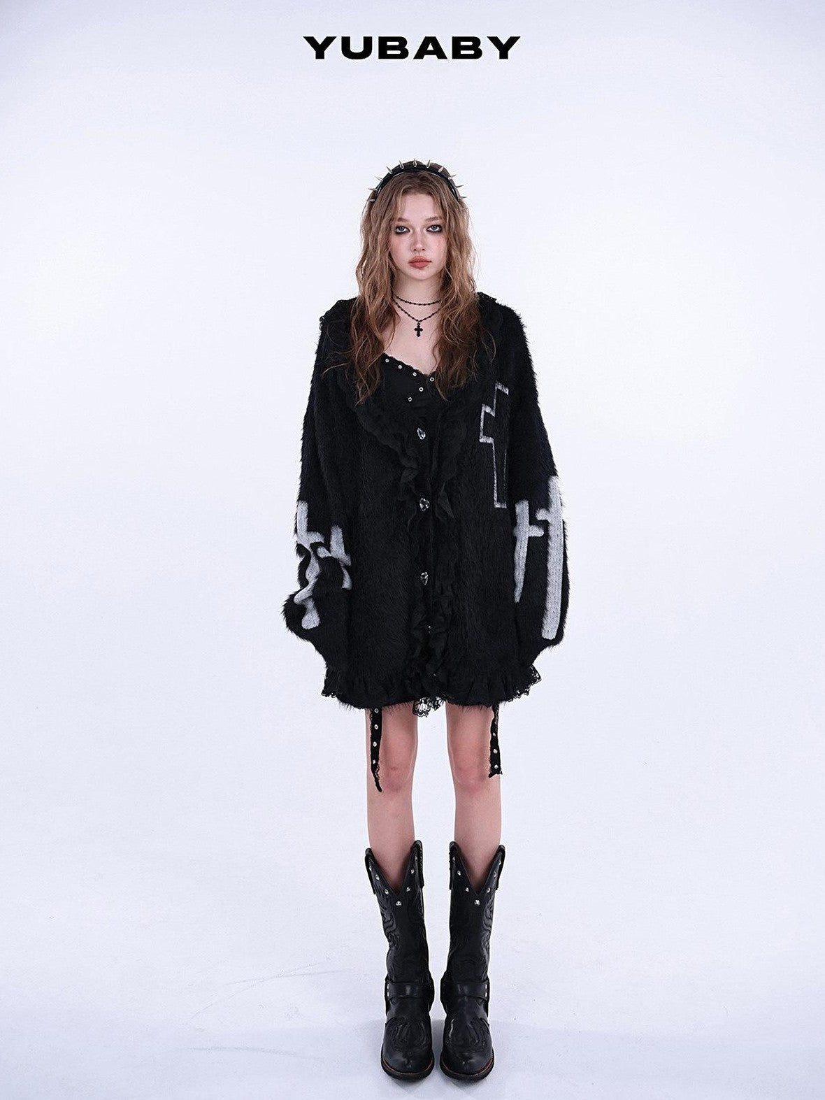 YUBABY Gothic Cross Handcrafted Lace Trim Women's Acrylic Blend Faux Mink Sweaters