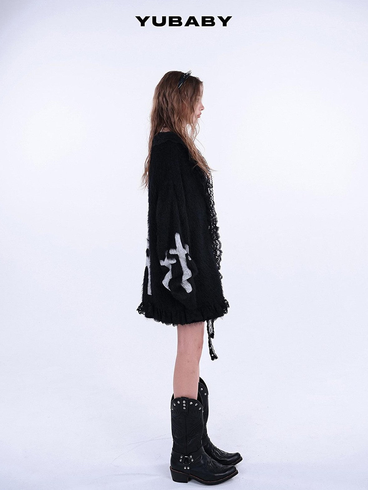 YUBABY Gothic Cross Handcrafted Lace Trim Women's Acrylic Blend Faux Mink Sweaters