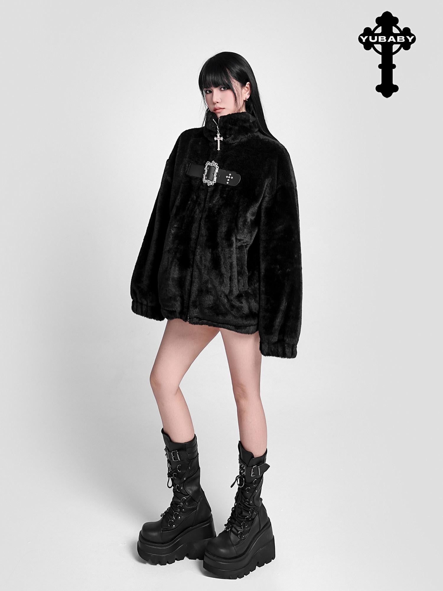 YUBABY Gothic Cross Studded Zipper Stand Collar Loose Women's Faux Mink Wool Coats