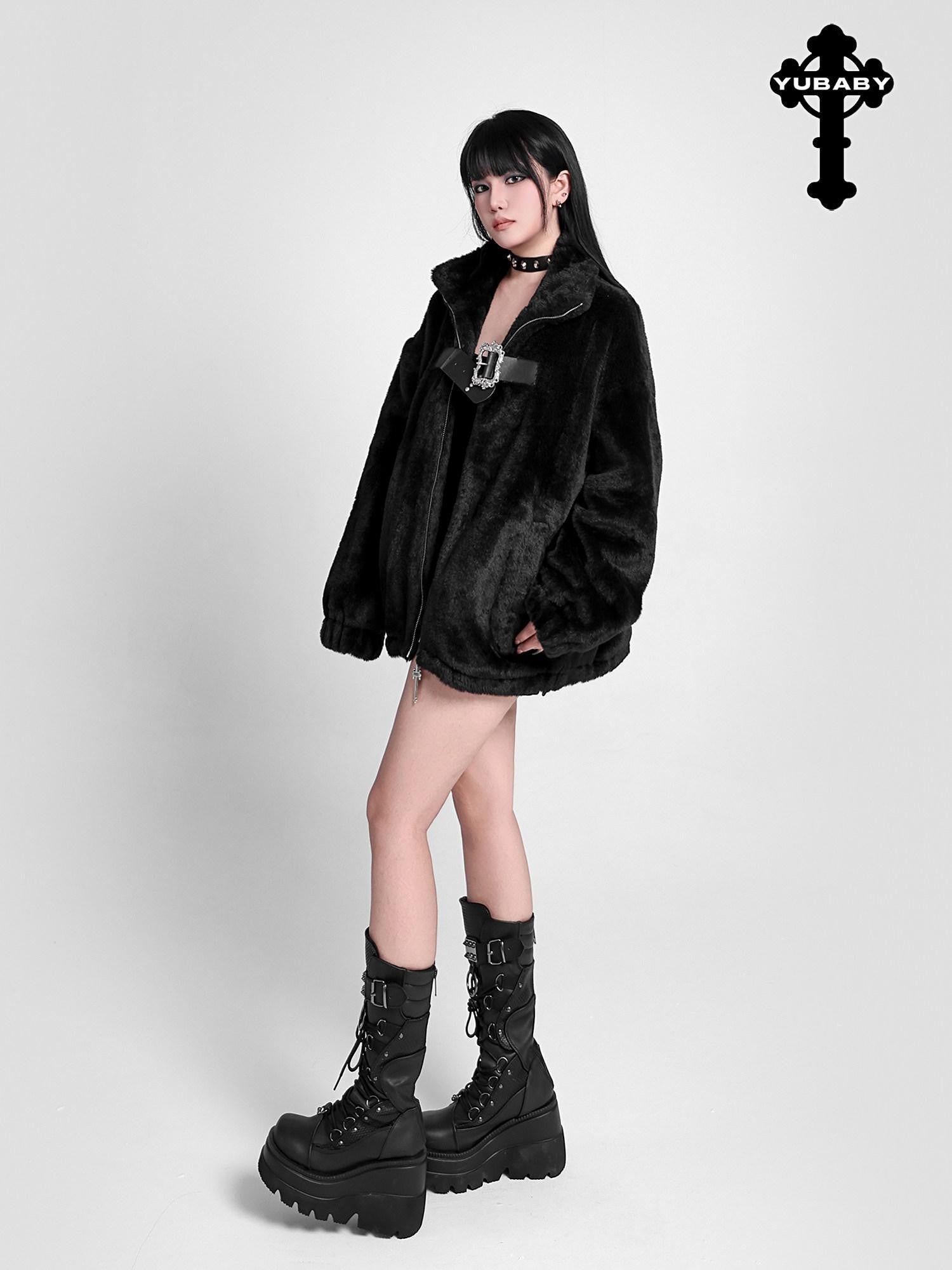 YUBABY Gothic Cross Studded Zipper Stand Collar Loose Women's Faux Mink Wool Coats