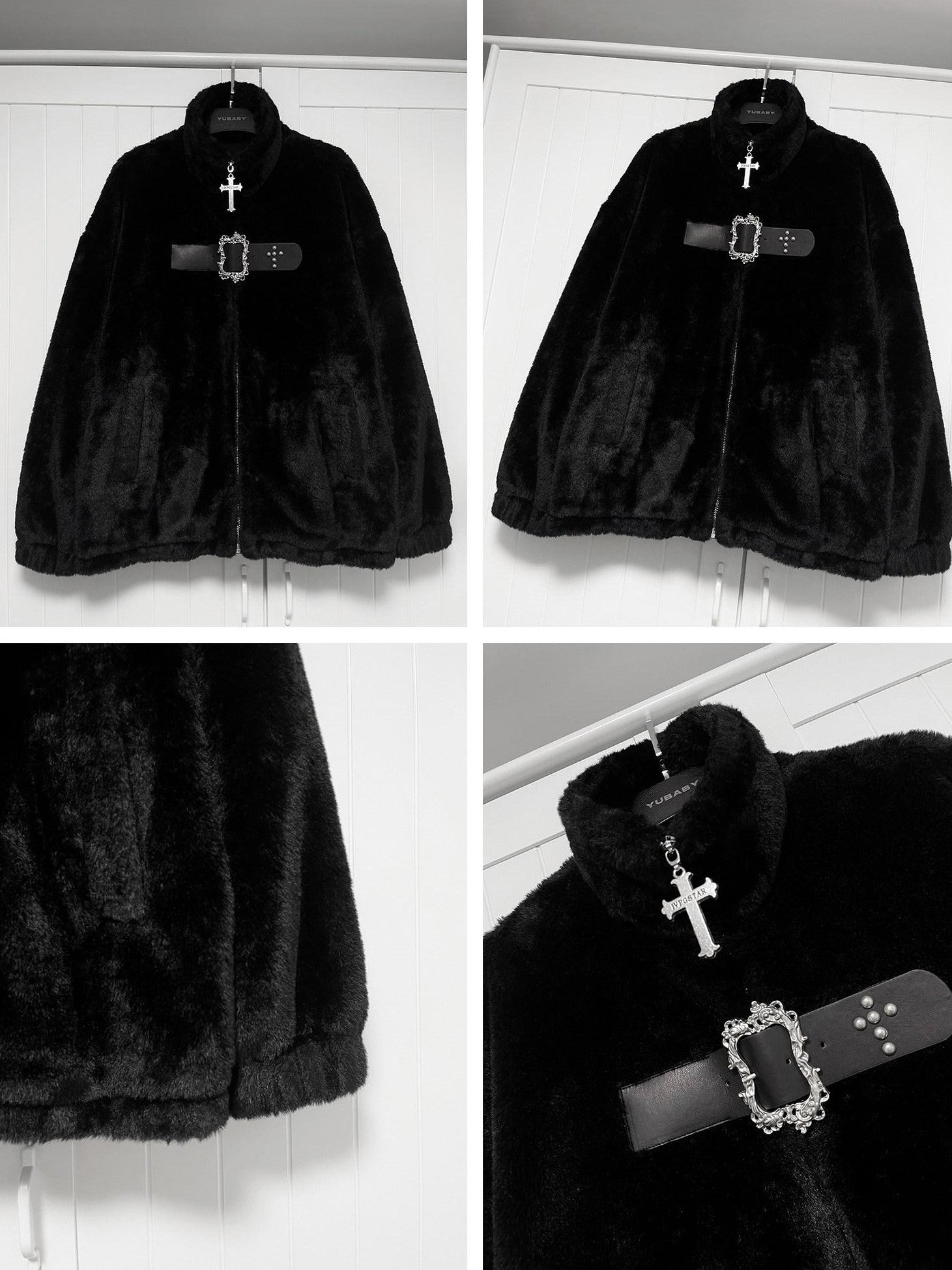 YUBABY Gothic Cross Studded Zipper Stand Collar Loose Women's Faux Mink Wool Coats