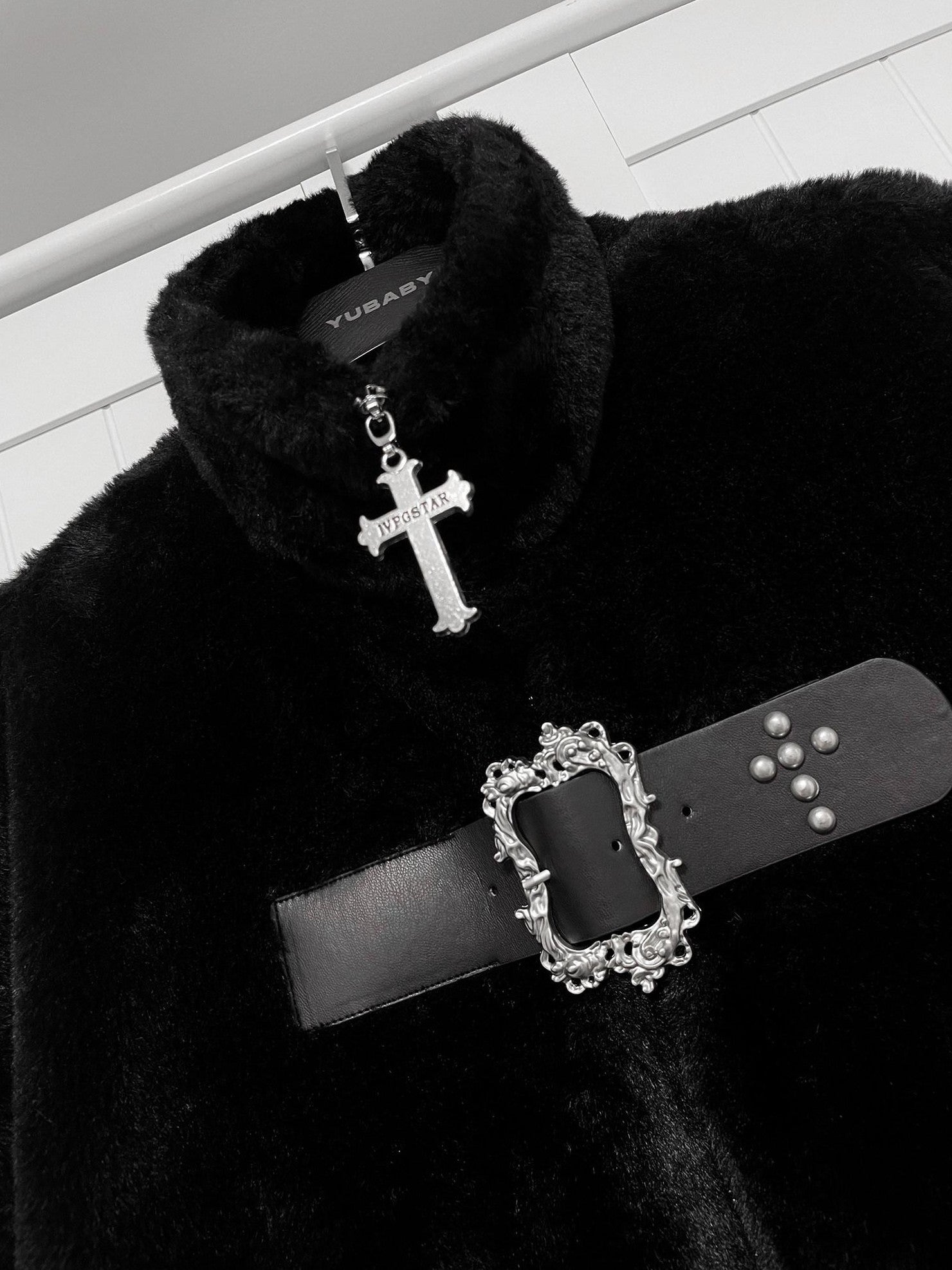 YUBABY Gothic Cross Studded Zipper Stand Collar Loose Women's Faux Mink Wool Coats