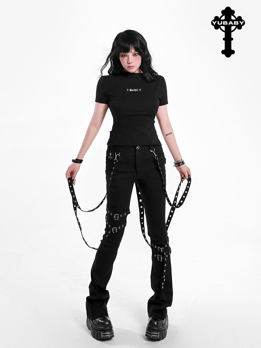YUBABY Gothic Detachable Tie Flared High Stretch Pockets Women's Polyester Skinny Pants