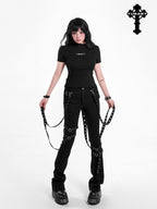 YUBABY Gothic Detachable Tie Flared High Stretch Pockets Women's Polyester Skinny Pants