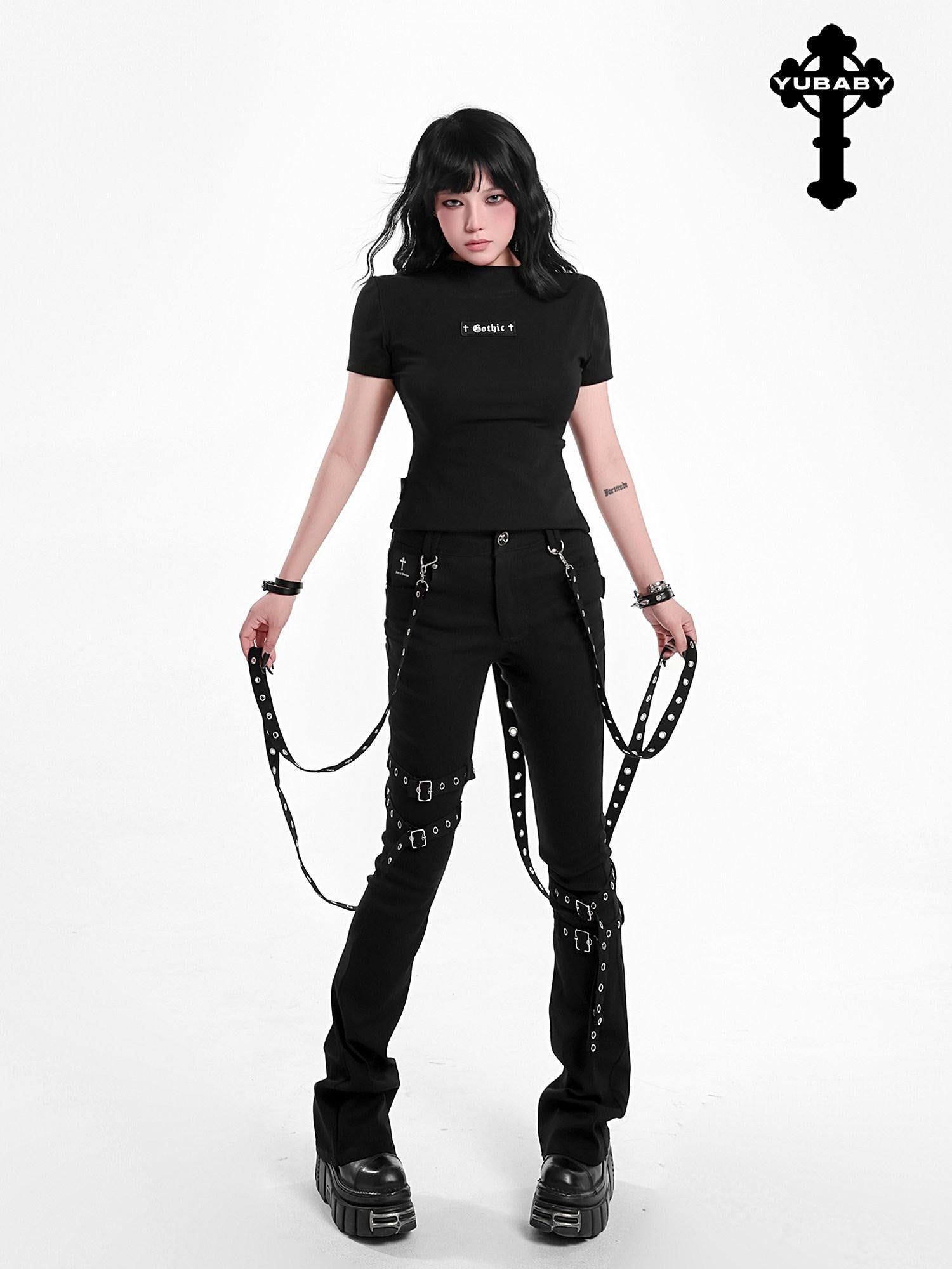 YUBABY Gothic Detachable Tie Flared High Stretch Pockets Women's Polyester Skinny Pants