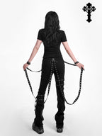 YUBABY Gothic Detachable Tie Flared High Stretch Pockets Women's Polyester Skinny Pants