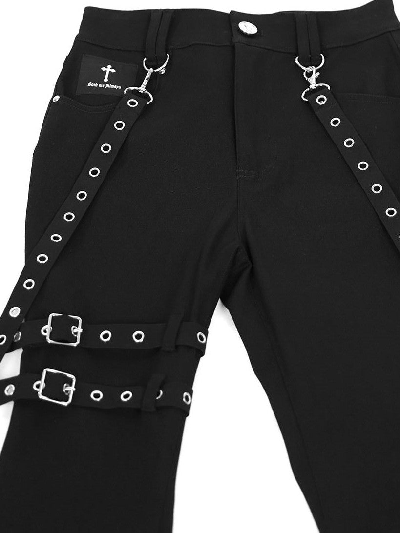 YUBABY Gothic Detachable Tie Flared High Stretch Pockets Women's Polyester Skinny Pants