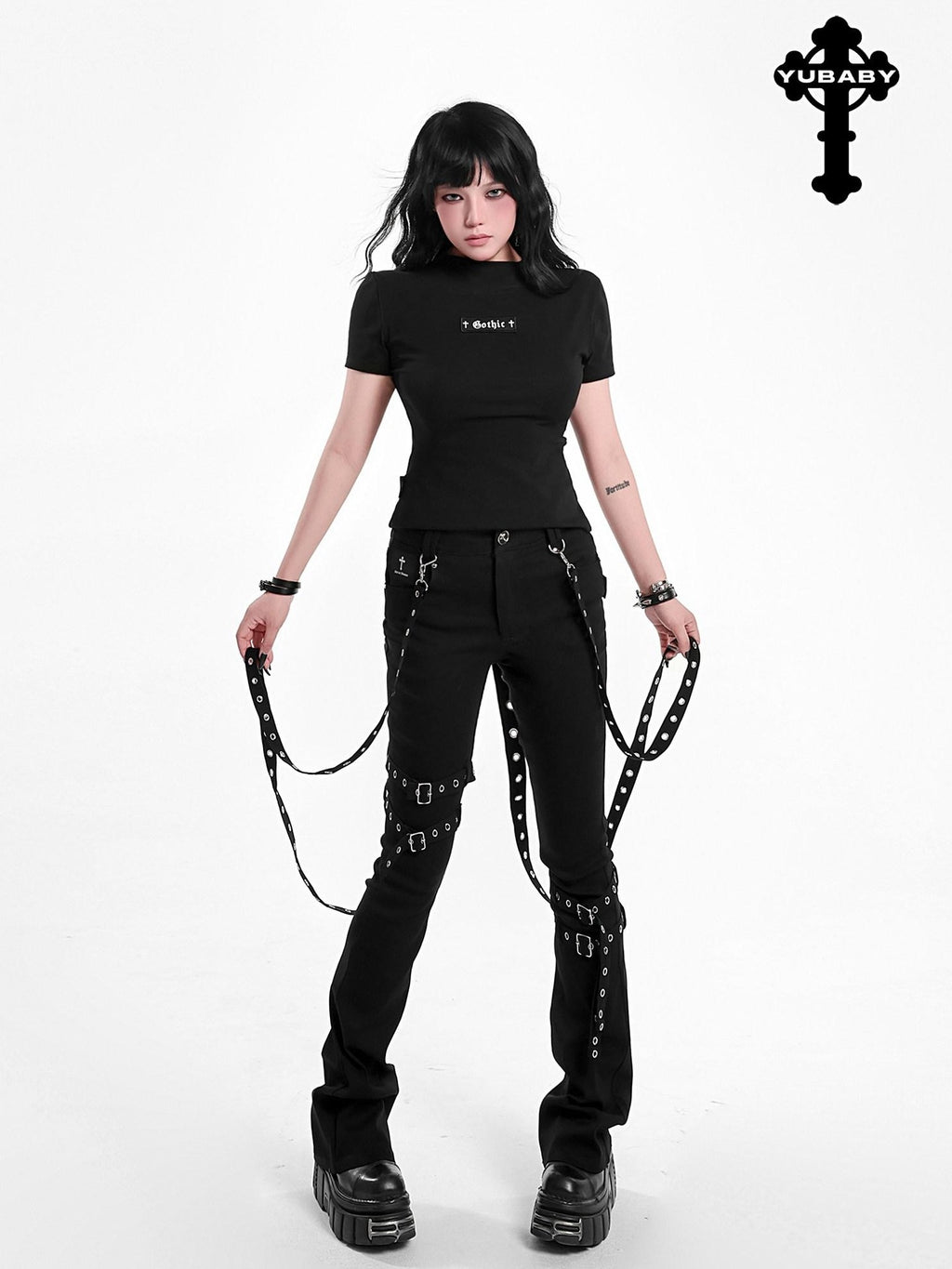 YUBABY Gothic Detachable Tie Flared High Stretch Pockets Women's Polyester Skinny Pants