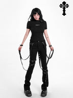 YUBABY Gothic Detachable Tie Flared High Stretch Pockets Women's Polyester Skinny Pants