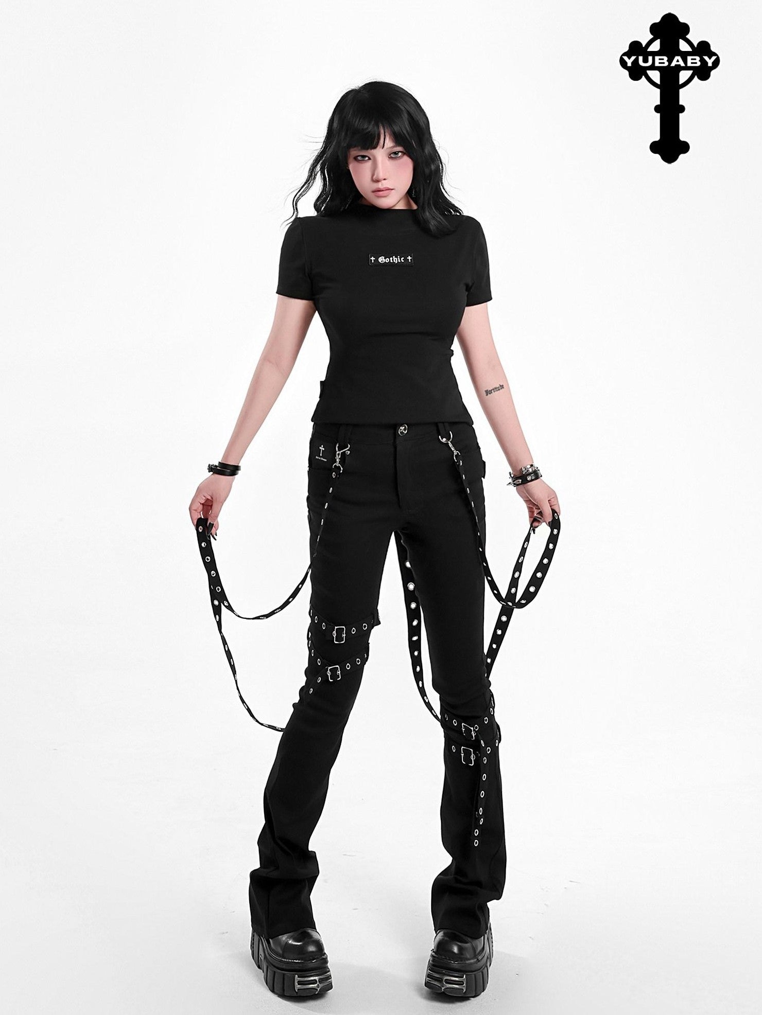 YUBABY Gothic Detachable Tie Flared High Stretch Pockets Women's Polyester Skinny Pants