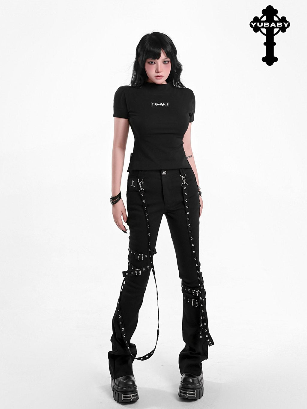 YUBABY Gothic Detachable Tie Flared High Stretch Pockets Women's Polyester Skinny Pants