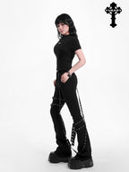 YUBABY Gothic Detachable Tie Flared High Stretch Pockets Women's Polyester Skinny Pants