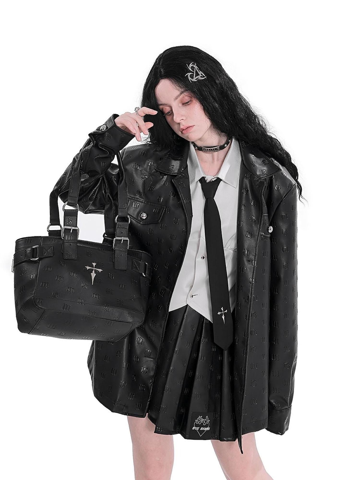 YUBABY Gothic Embossed Cross Patch Shoulder Pad Women's Leather Jackets