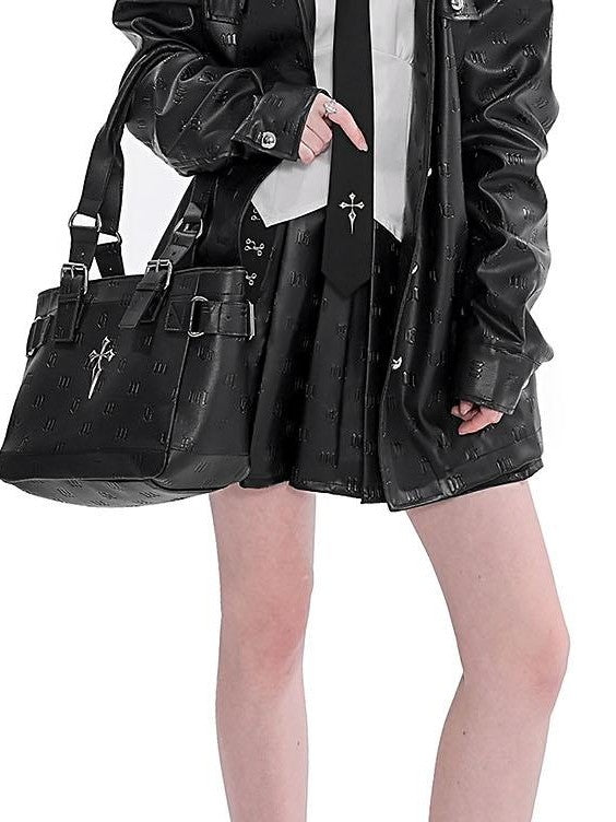 YUBABY Gothic Embossed Cross Patch Shoulder Pad Women's Leather Jackets