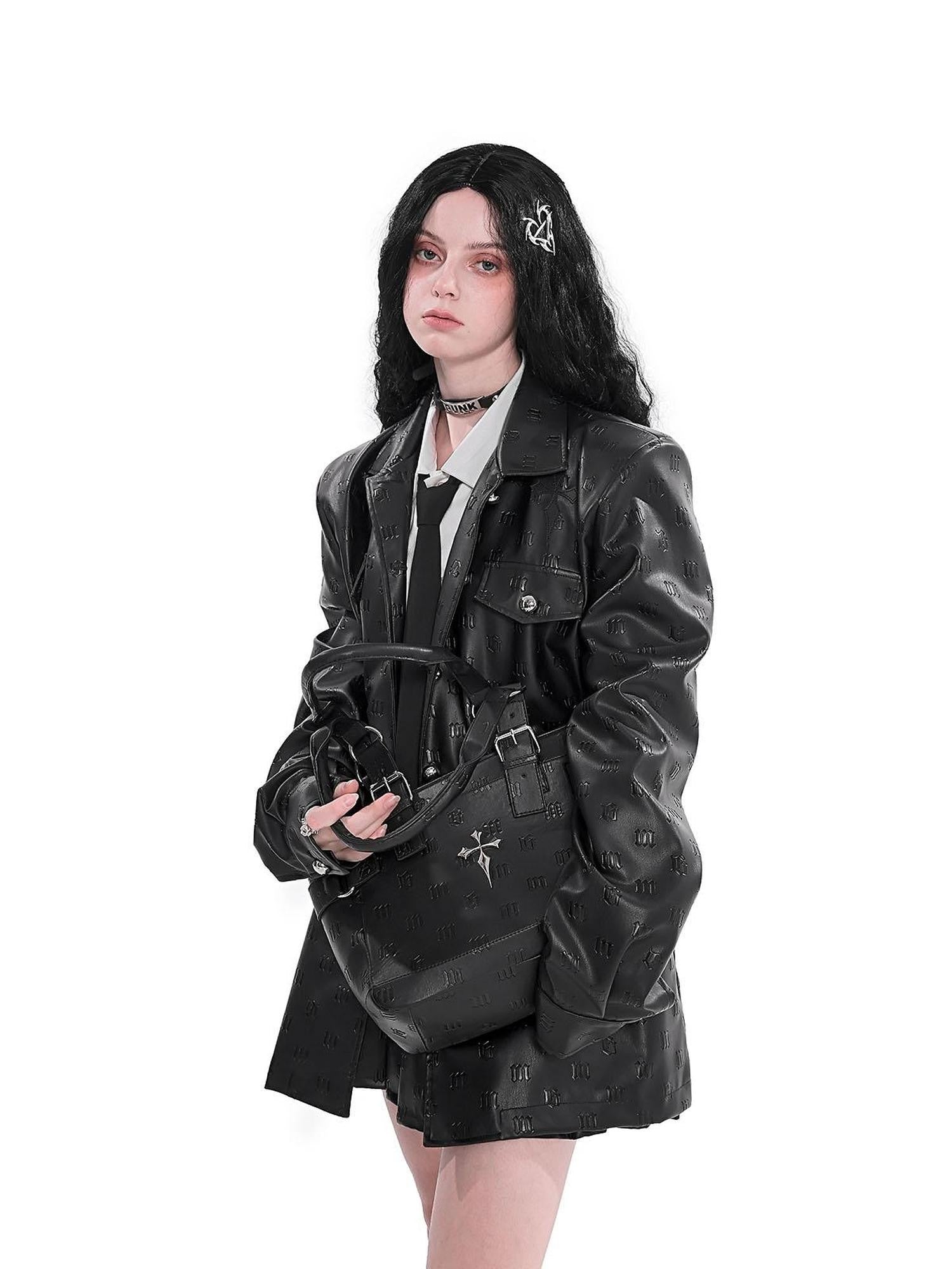 YUBABY Gothic Embossed Cross Patch Shoulder Pad Women's Leather Jackets