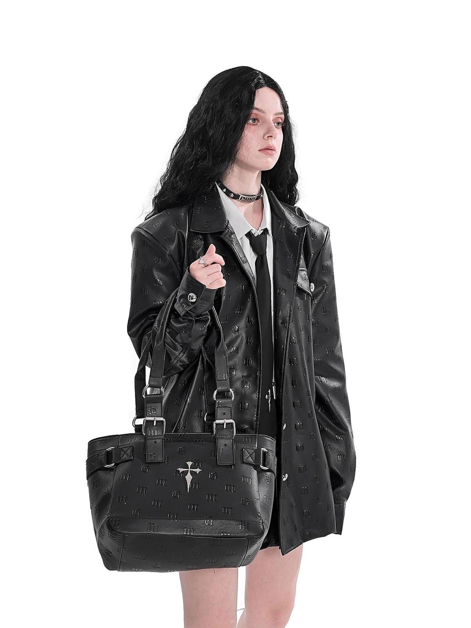 YUBABY Gothic Embossed Cross Patch Shoulder Pad Women's Leather Jackets