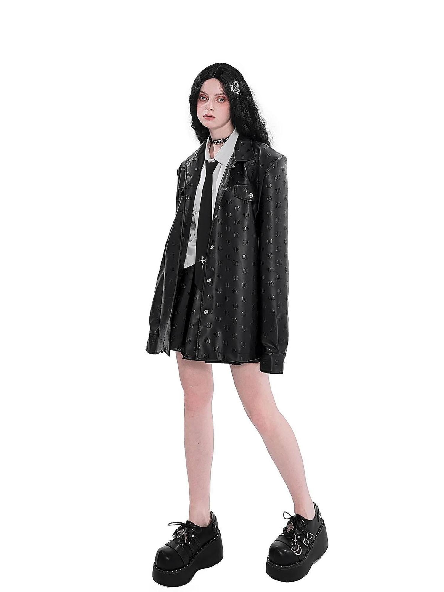 YUBABY Gothic Embossed Cross Patch Shoulder Pad Women's Leather Jackets