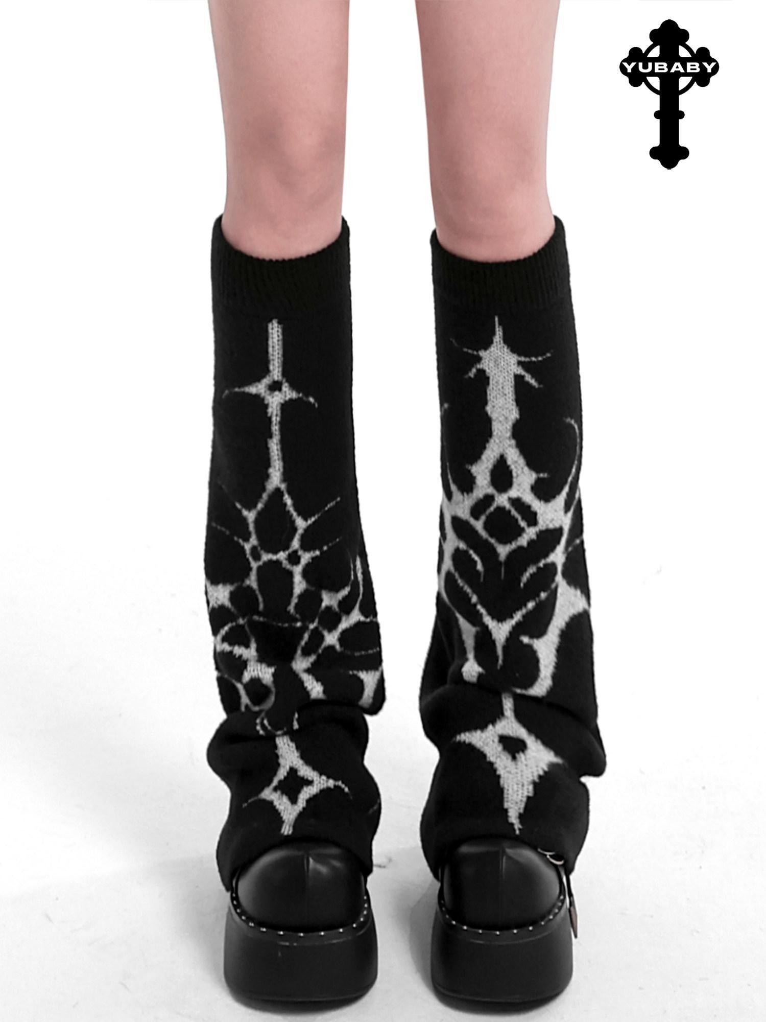 YUBABY Gothic Floral Anime Stacked Women's Faux Alpaca Fleece Leg Warmers