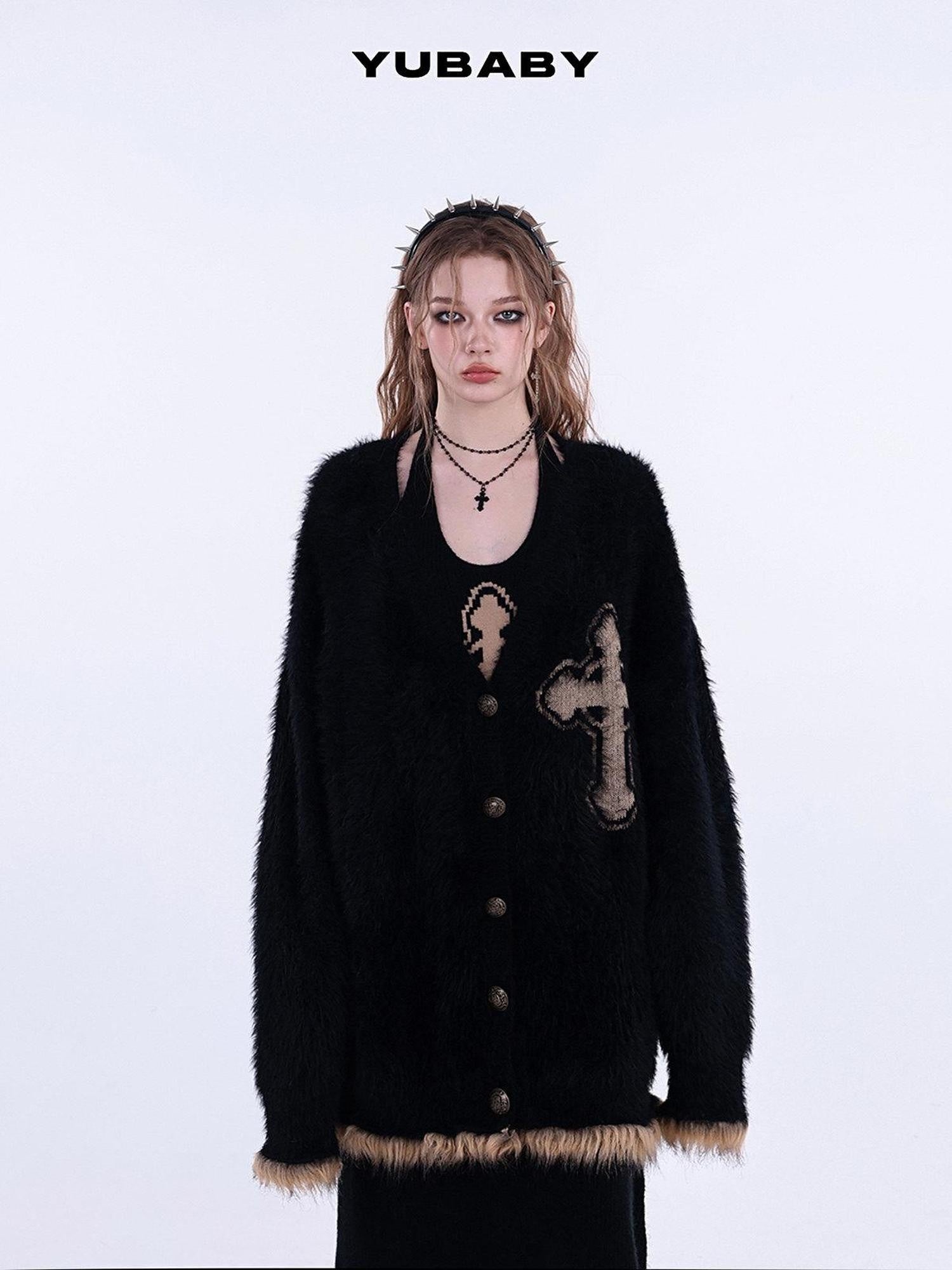 YUBABY Gothic Retro Cross Motif Faux Mink Fur Patch Women's Acrylic Blend Cardigans