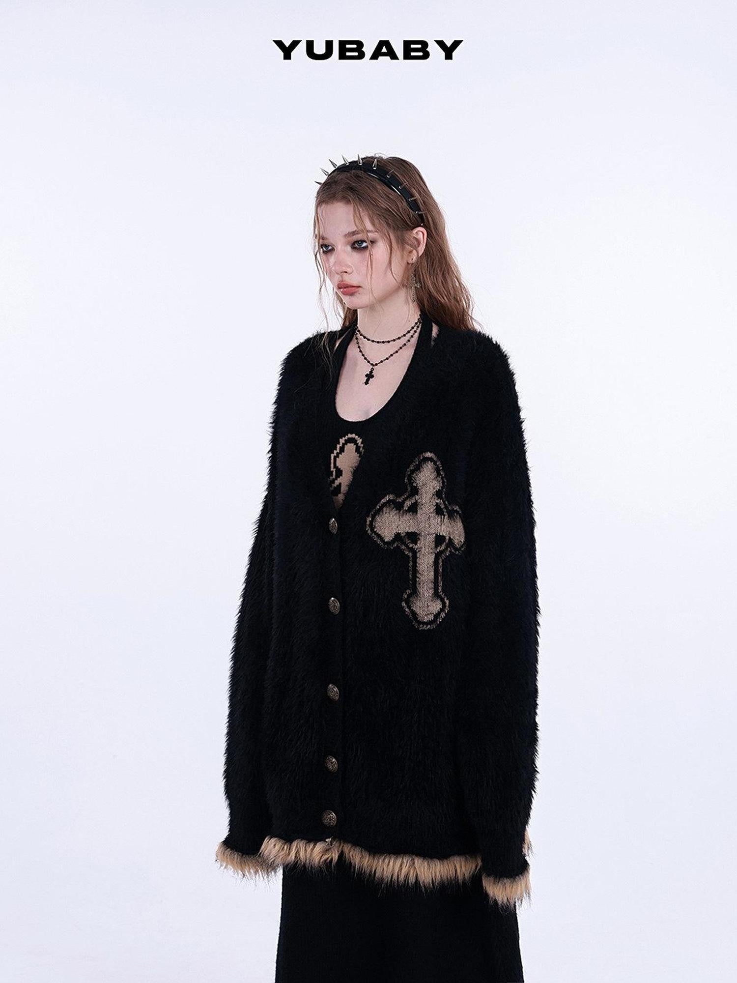 YUBABY Gothic Retro Cross Motif Faux Mink Fur Patch Women's Acrylic Blend Cardigans