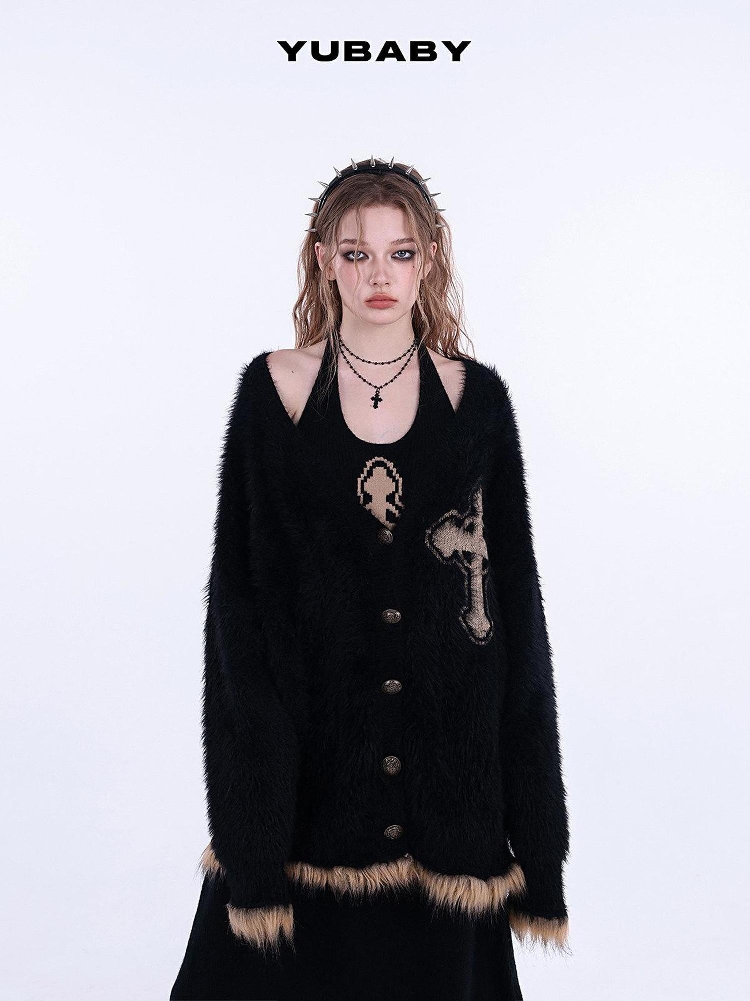 YUBABY Gothic Retro Cross Motif Faux Mink Fur Patch Women's Acrylic Blend Cardigans