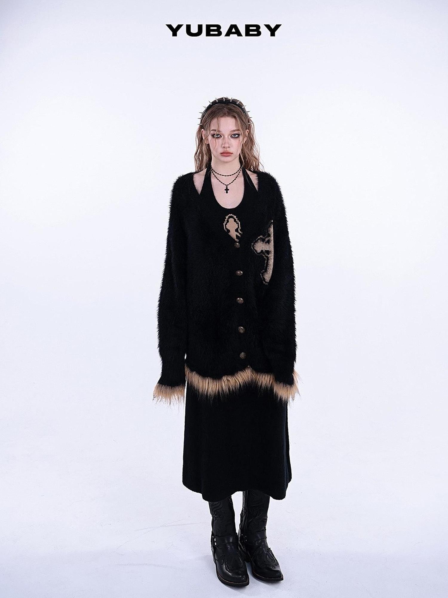 YUBABY Gothic Retro Cross Motif Faux Mink Fur Patch Women's Acrylic Blend Cardigans