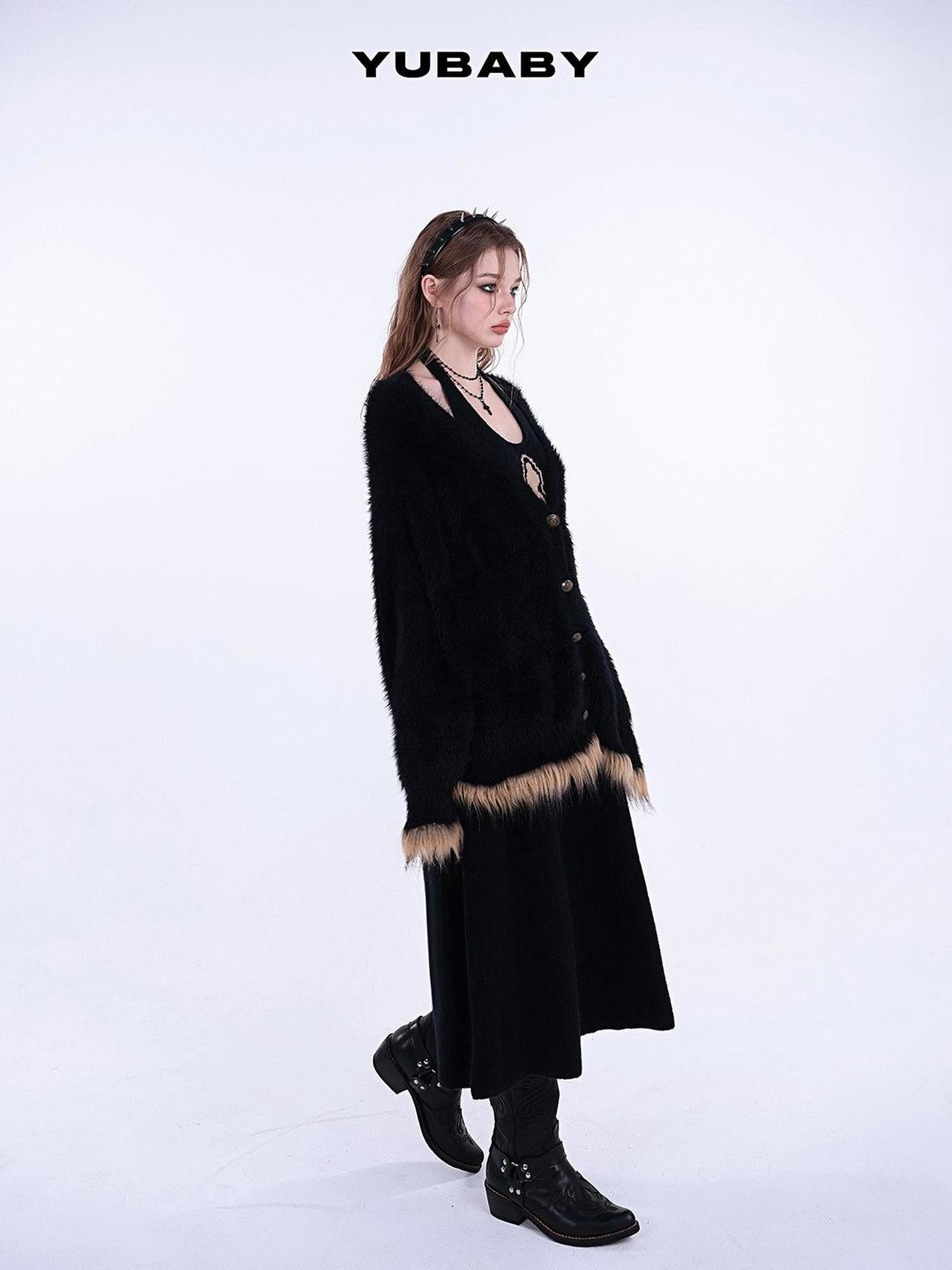 YUBABY Gothic Retro Cross Motif Faux Mink Fur Patch Women's Acrylic Blend Cardigans