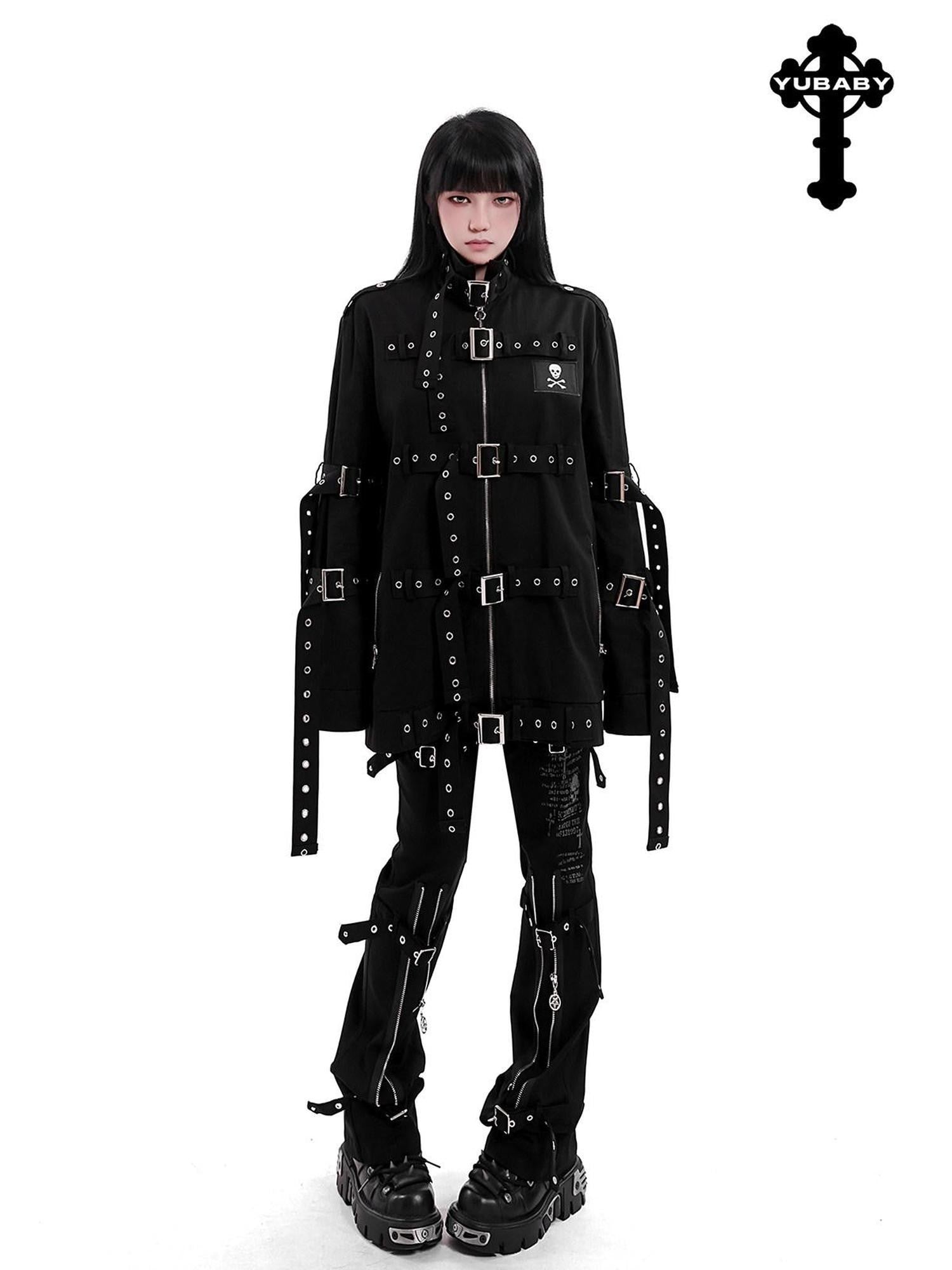 YUBABY Gothic Skull Rivet Metal Laced Bondage Women's Cotton Jackets