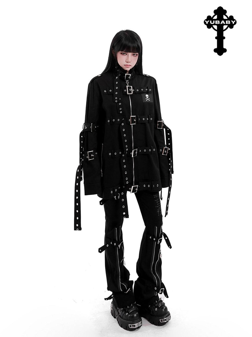 YUBABY Gothic Skull Rivet Metal Laced Bondage Women's Cotton Jackets
