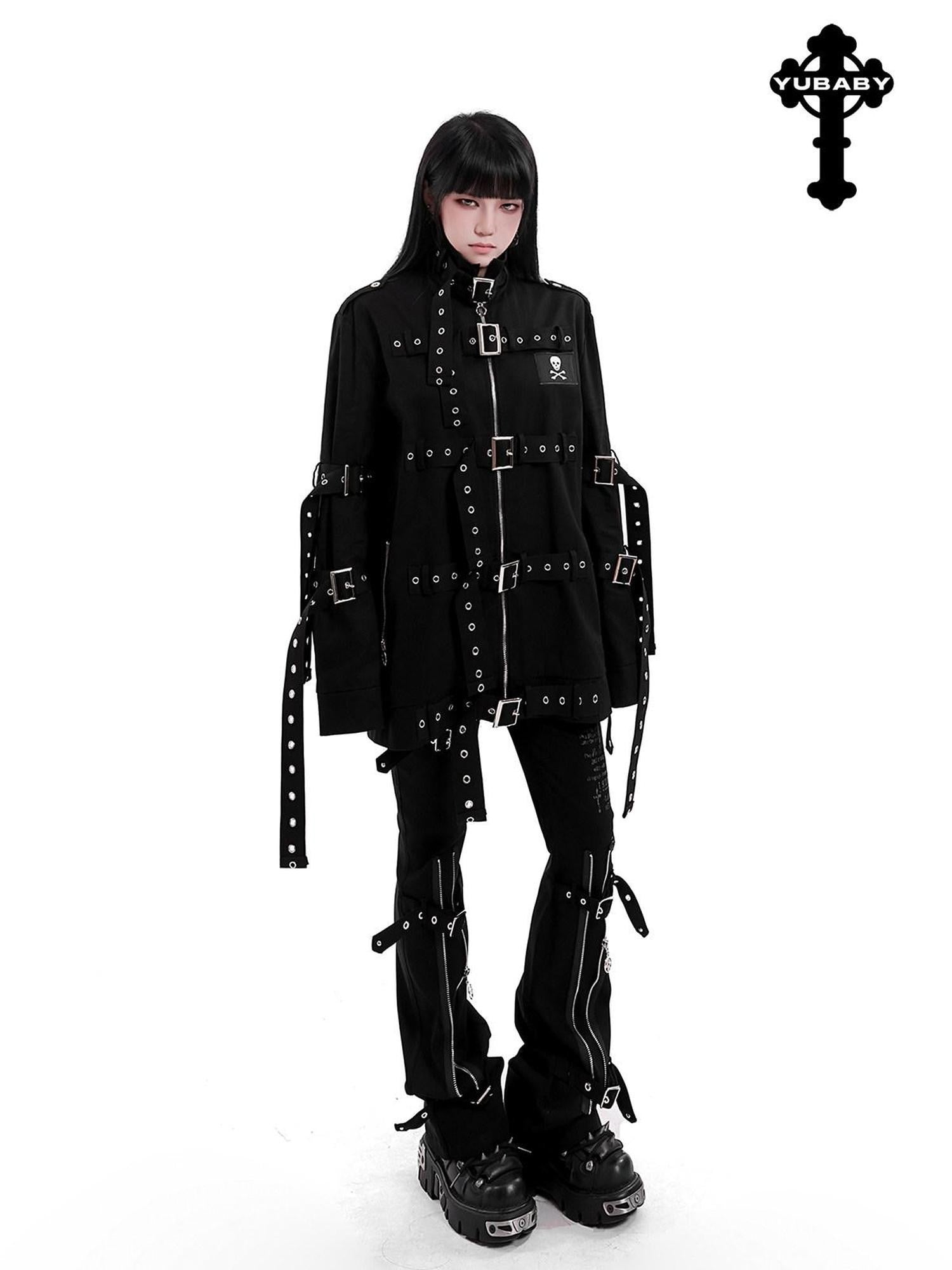 YUBABY Gothic Skull Rivet Metal Laced Bondage Women's Cotton Jackets