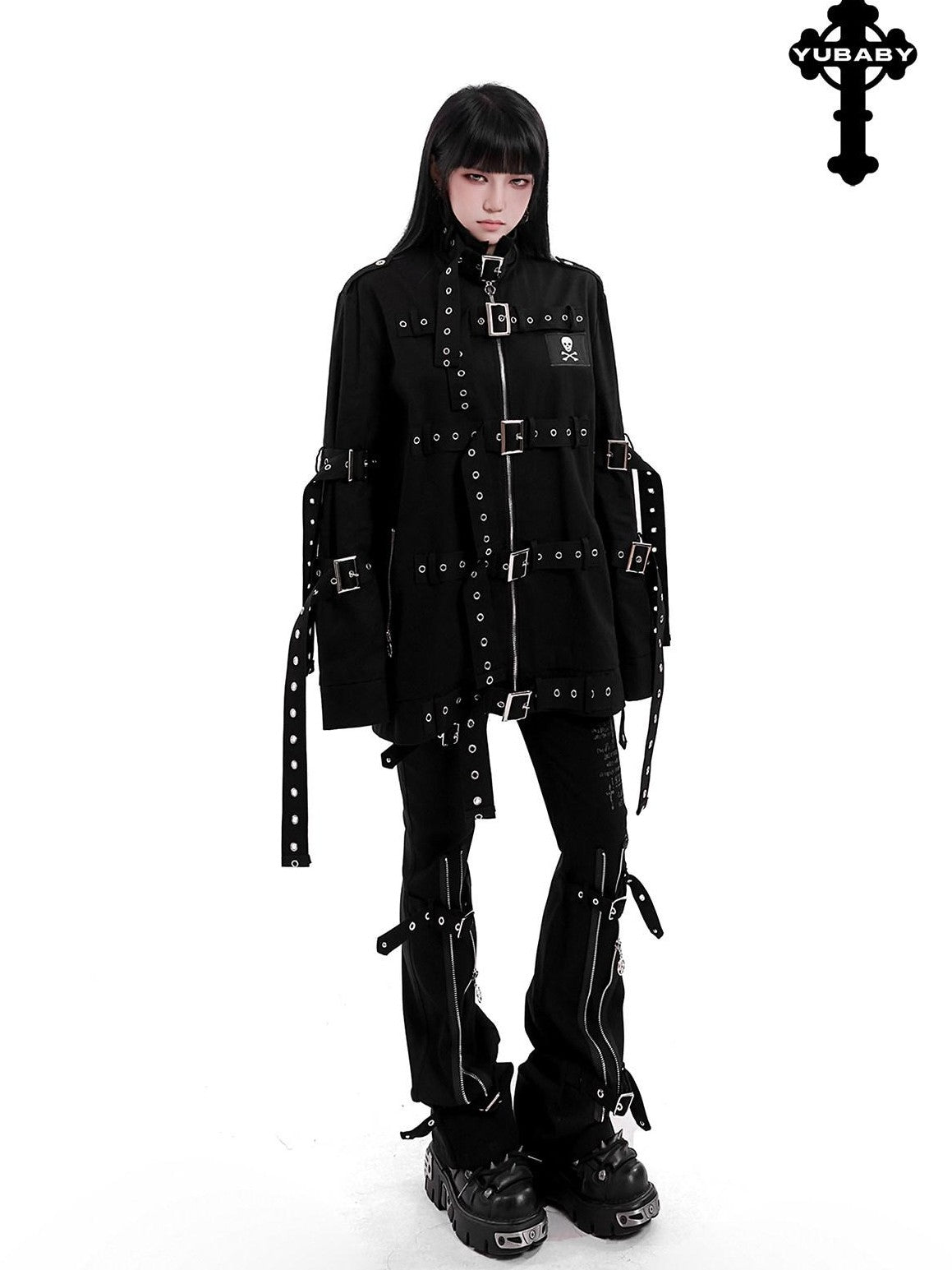 YUBABY Gothic Skull Rivet Metal Laced Bondage Women's Cotton Jackets