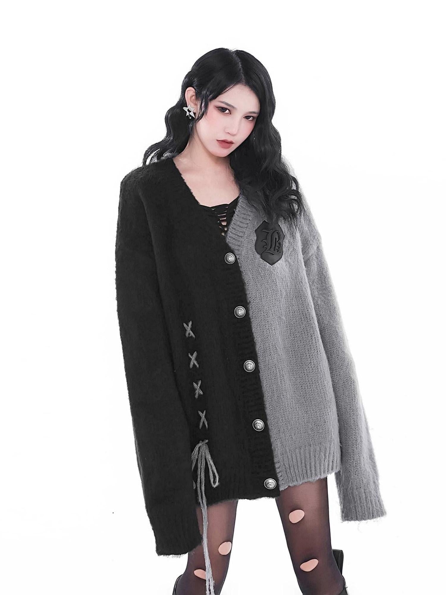 YUBABY Gray Black Patchwork Fuzzy Military Button Tie Women's Cotton Cardigans