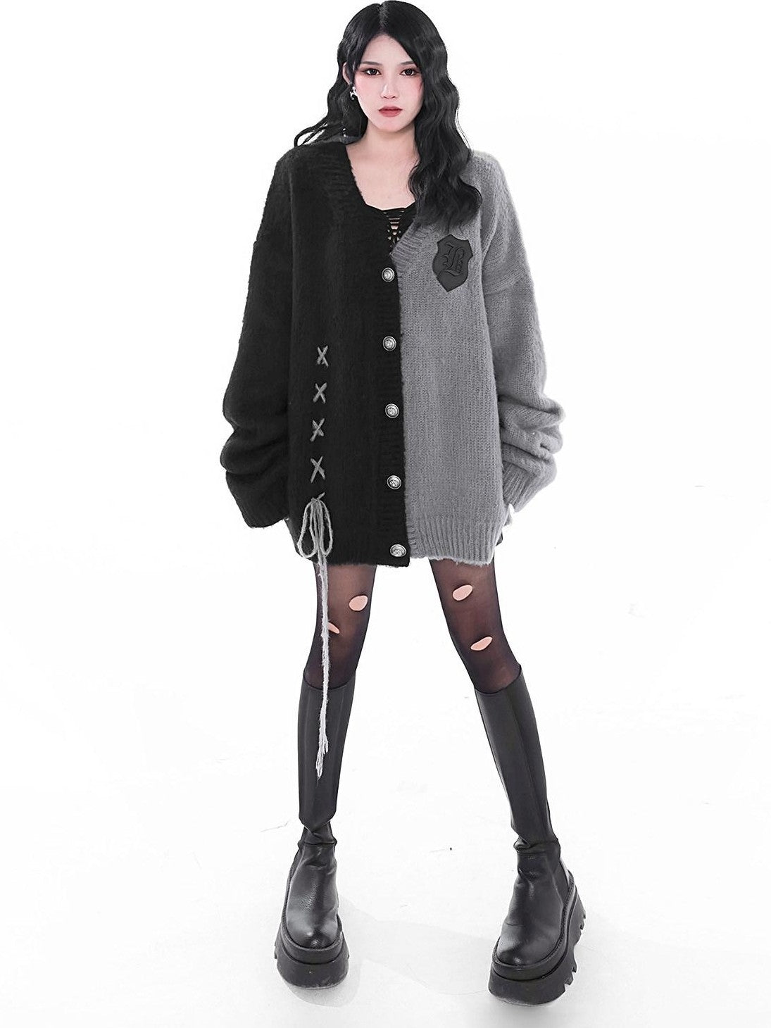 YUBABY Gray Black Patchwork Fuzzy Military Button Tie Women's Cotton Cardigans