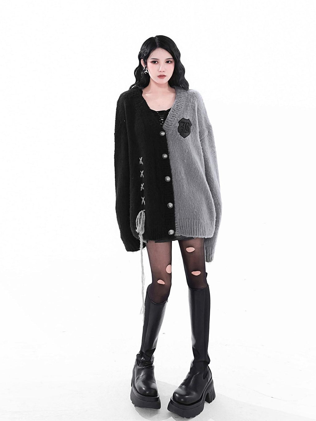 YUBABY Gray Black Patchwork Fuzzy Military Button Tie Women's Cotton Cardigans