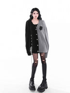 YUBABY Gray Black Patchwork Fuzzy Military Button Tie Women's Cotton Cardigans