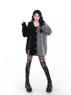 YUBABY Gray Black Patchwork Fuzzy Military Button Tie Women's Cotton Cardigans