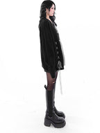YUBABY Gray Black Patchwork Fuzzy Military Button Tie Women's Cotton Cardigans