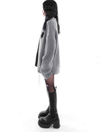 YUBABY Gray Black Patchwork Fuzzy Military Button Tie Women's Cotton Cardigans