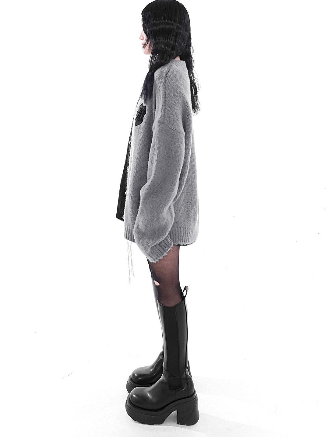 YUBABY Gray Black Patchwork Fuzzy Military Button Tie Women's Cotton Cardigans