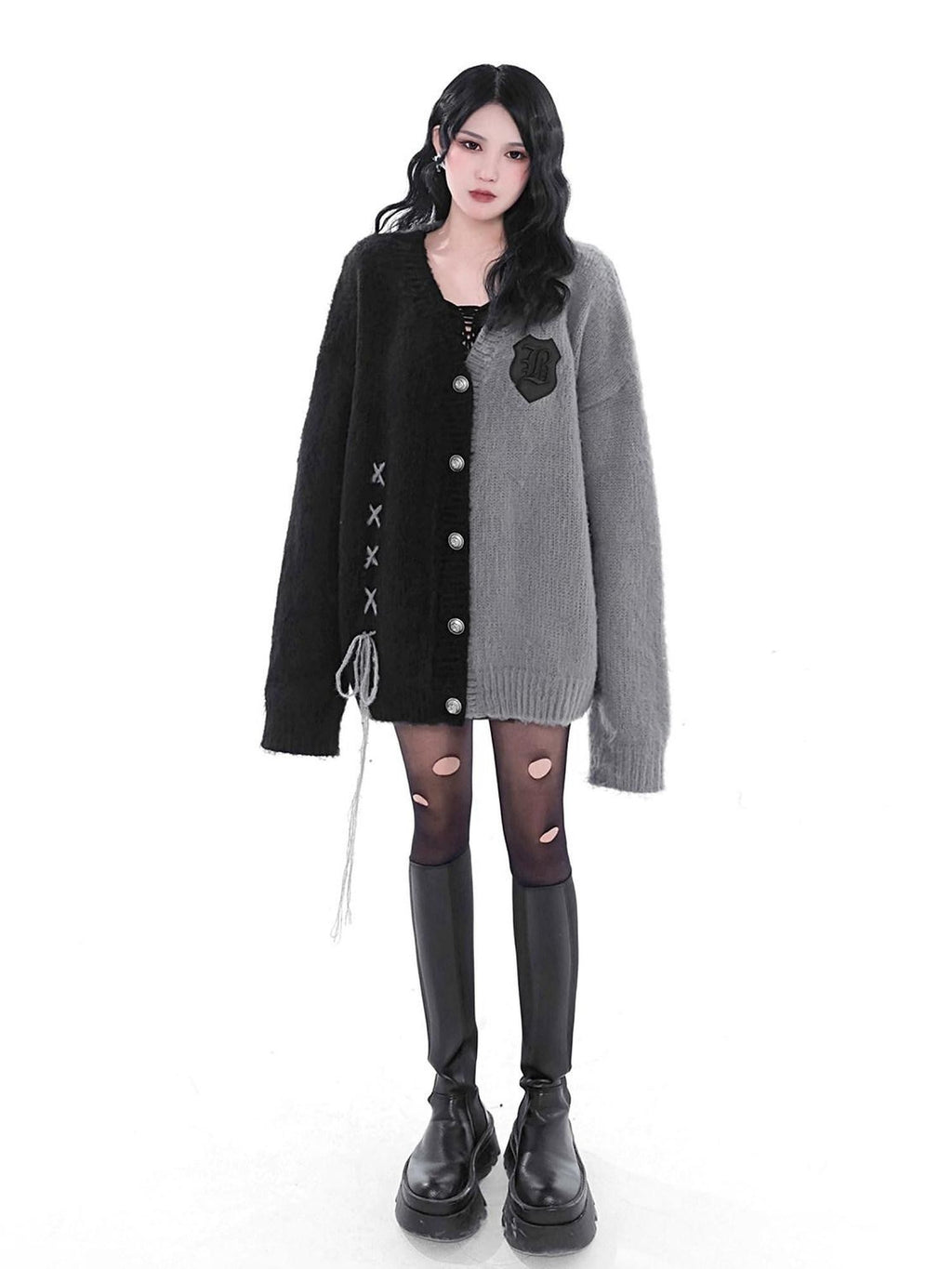 YUBABY Gray Black Patchwork Fuzzy Military Button Tie Women's Cotton Cardigans