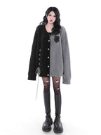 YUBABY Gray Black Patchwork Fuzzy Military Button Tie Women's Cotton Cardigans