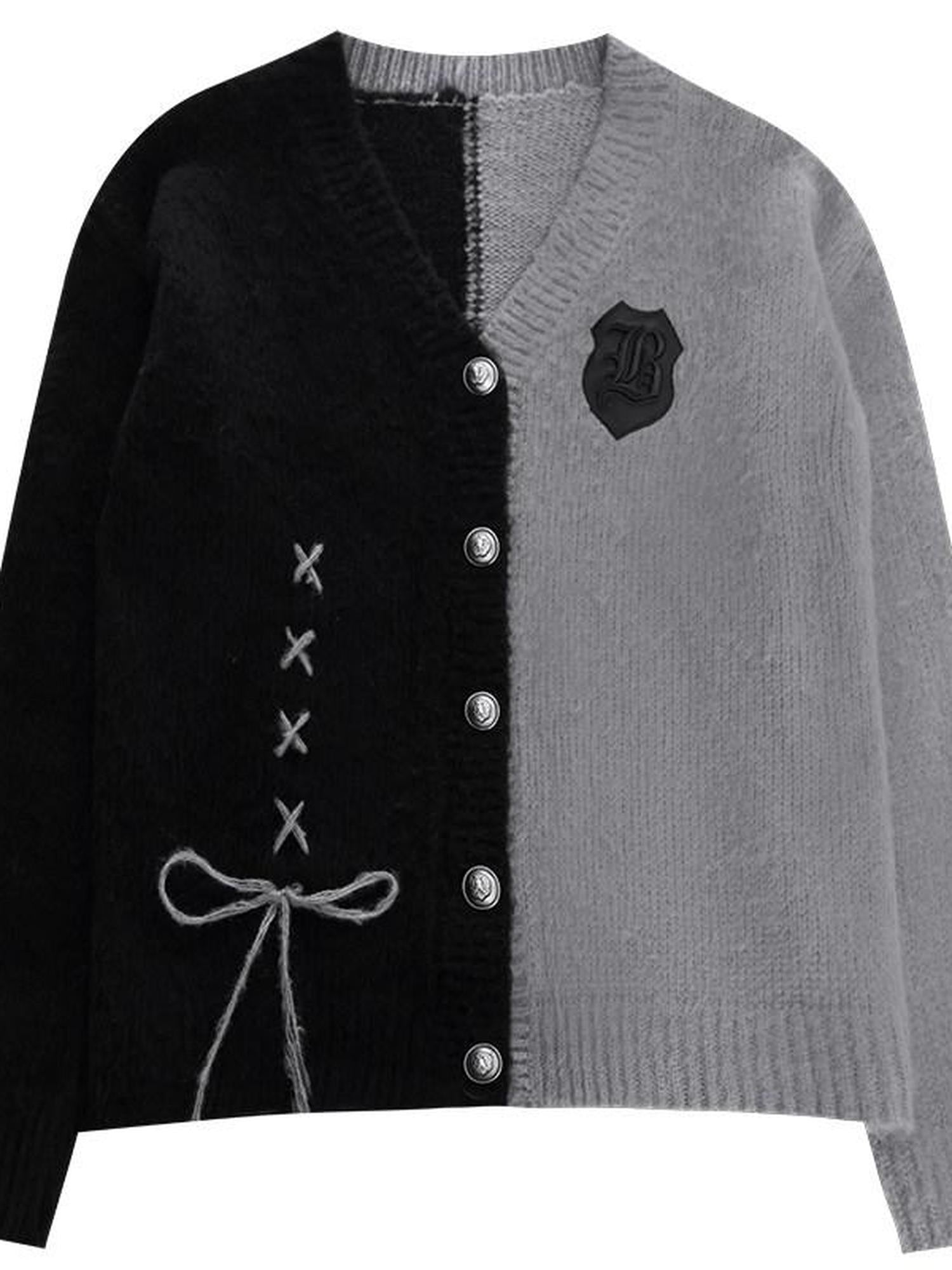 YUBABY Gray Black Patchwork Fuzzy Military Button Tie Women's Cotton Cardigans