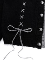 YUBABY Gray Black Patchwork Fuzzy Military Button Tie Women's Cotton Cardigans