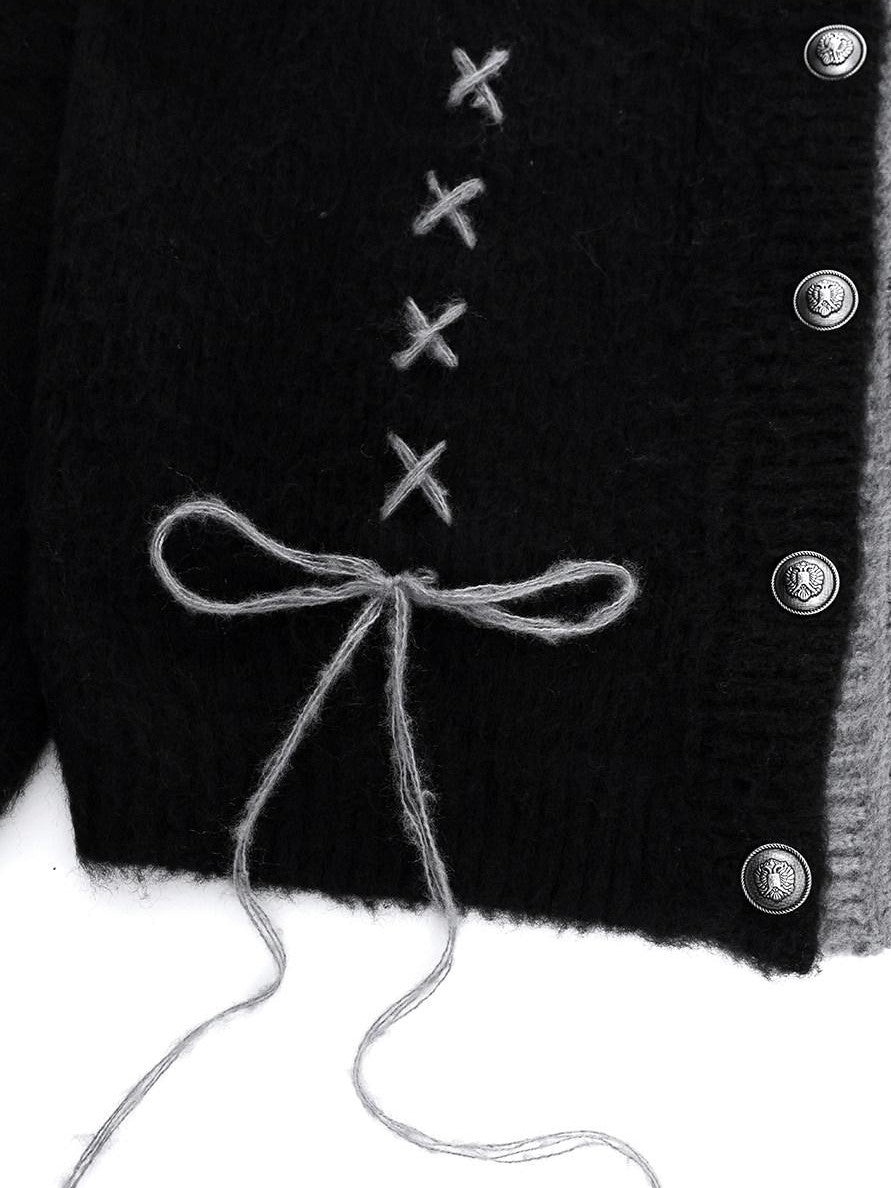 YUBABY Gray Black Patchwork Fuzzy Military Button Tie Women's Cotton Cardigans
