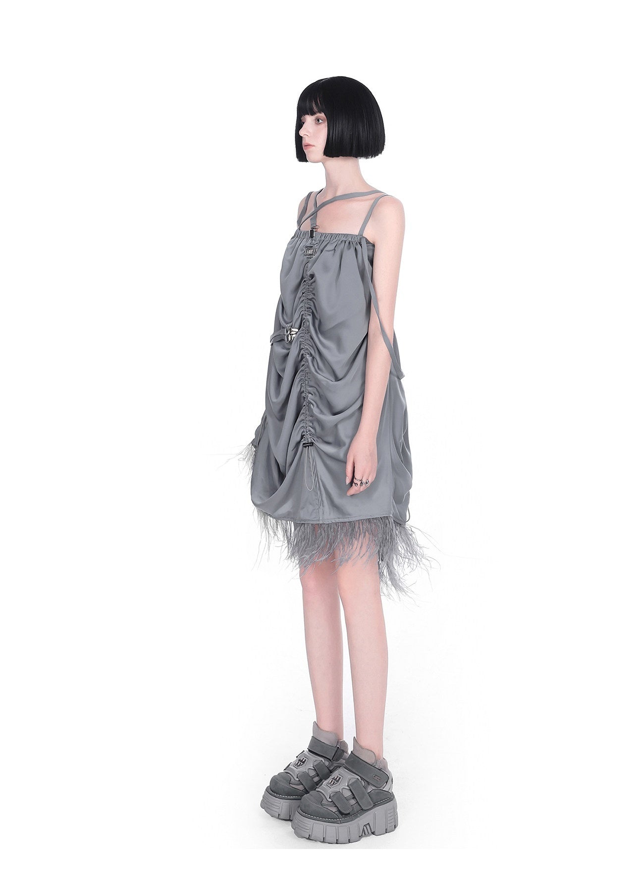 YUBABY_Gray_Black_Silky_Feather_Drawcord_Multi_Strap_Women's_Slip_Mini_Dresses_670377148831_MISSTT