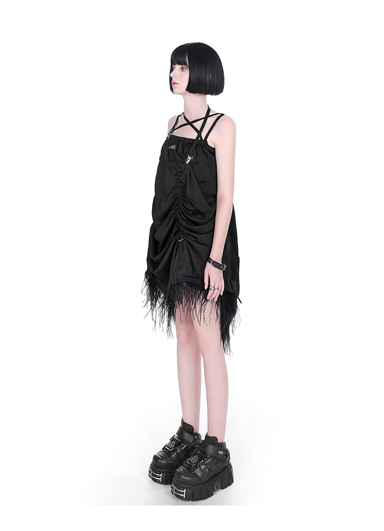 YUBABY_Gray_Black_Silky_Feather_Drawcord_Multi_Strap_Women's_Slip_Mini_Dresses_670377148831_MISSTT